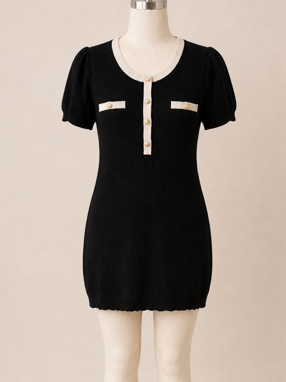 Express Black Knit Shift Dress with Cream Trim and Gold Accent Buttons